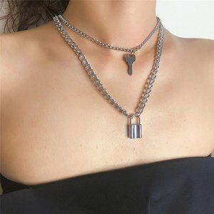 Gothic Big Key Lock Silver Necklace